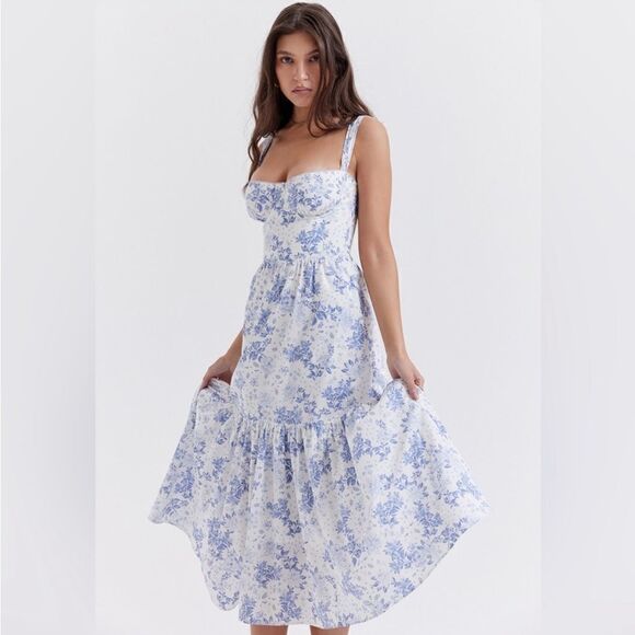 HOUSE OF CB 'Elia' Blue Print Midi Sundress NWT - Picture 2 of 9